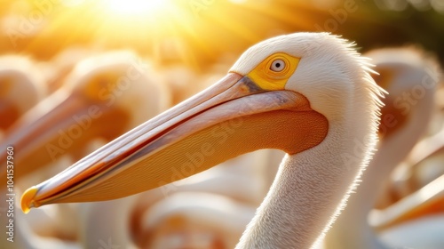 A detailed close-up of a pelican's head and long beak with a backdrop of golden sunlight streaming, highlighting the bird's graceful and majestic presence. photo