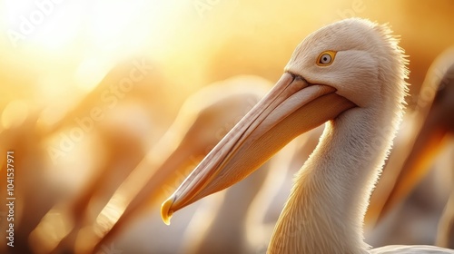 A pelican basks majestically in the golden sunlight on a serene river, capturing a moment of natural elegance and tranquility bathed in warm hues of the evening. photo