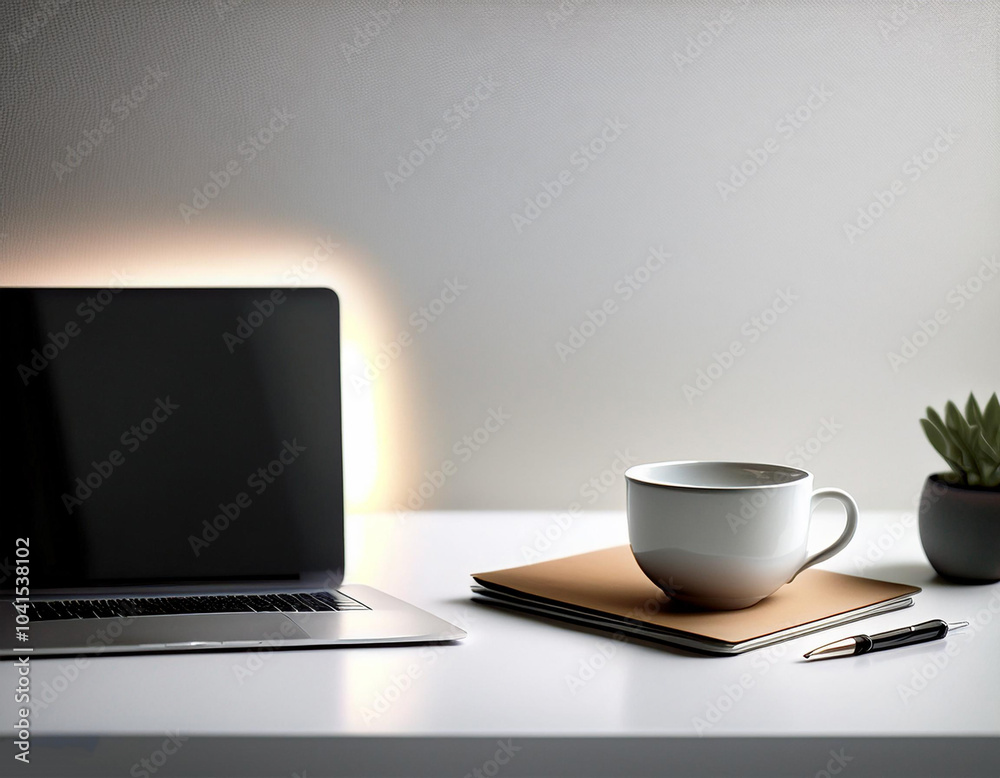 a work desk. Office desk setup with laptop, coffee cup, pen and notebook, all in a minimalist style. on side position provides copy space for text. background concept isolated white a work desk. Office desk setup with laptop, coffee cup, pen and notebook, all in a minimalist style. on side position provides copy space for text. background concept isolated white