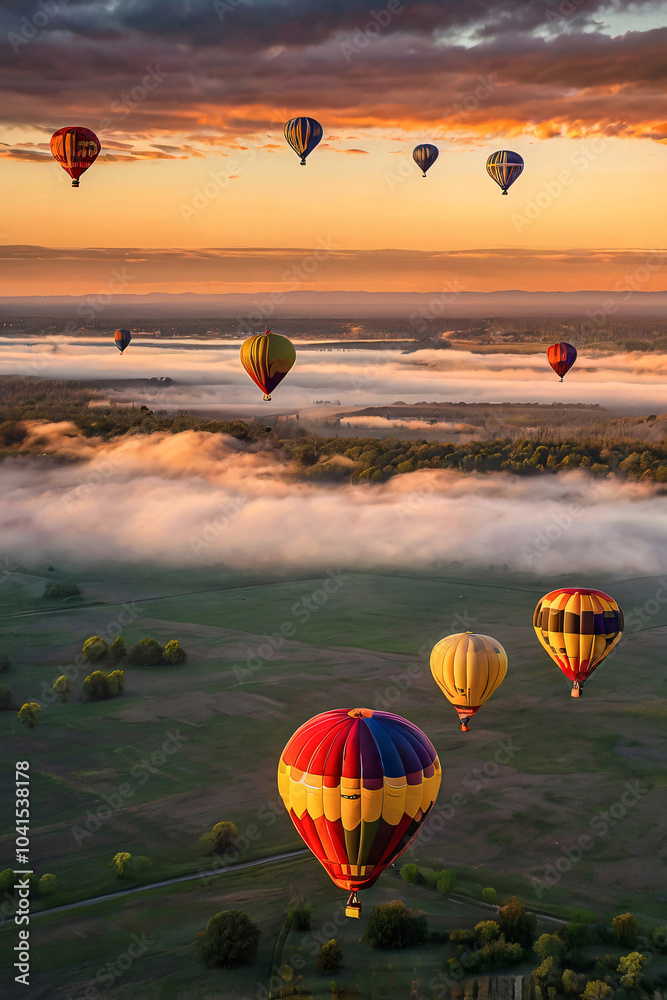 Obraz premium A breathtaking drone view captures a group of colorful hot air balloons floating in the warm evening sky, surrounded by dramatic clouds, with a lush green landscape below, showcasing nature's beauty.