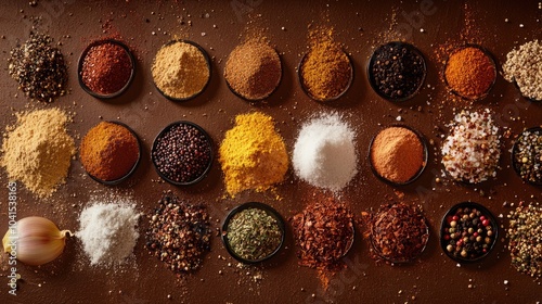 Spices and seasoning powders displayed against a brown backdrop representing culinary concepts photo