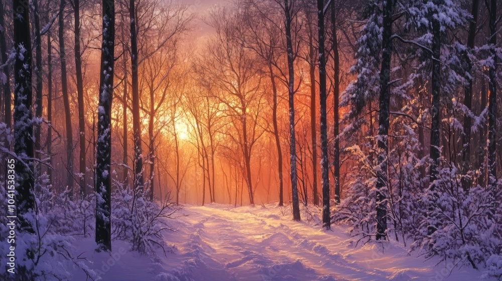 Beautiful winter scene featuring a forest with trees illuminated by the soft glow of sunrise showcasing a serene and colorful winter landscape Beautiful winter scene featuring a forest with trees illuminated by the soft glow of sunrise showcasing a serene and colorful winter landscape