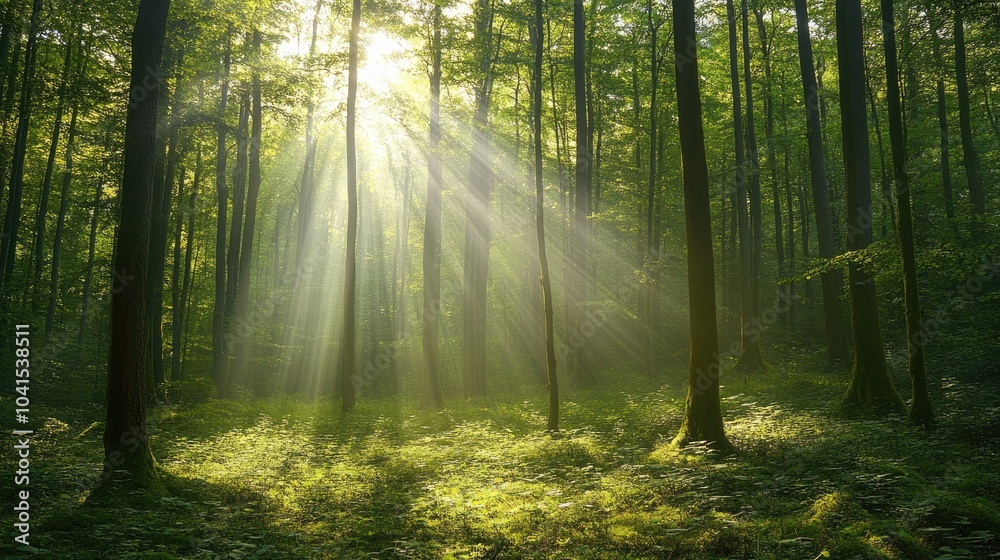 Obraz premium Bright light filters through dense trees in a forest