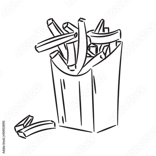 Vector illustration. Hand drawn doodle of french fries in a paper pack. Unhealthy food. sketch. Decoration for menus, signboards, showcases, greeting cards, posters, fleyers. logos