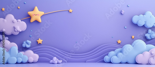 Cute Cartoon Clouds and Stars on Purple Background.