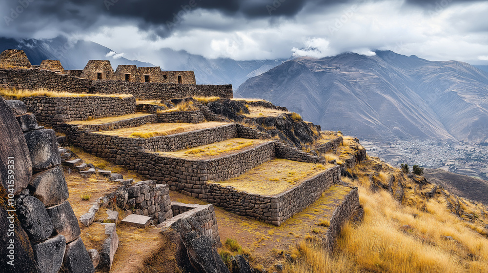 Obraz premium A sacred Inca site high in the Andes mountains, featuring ancient stone structures and terraces. v3