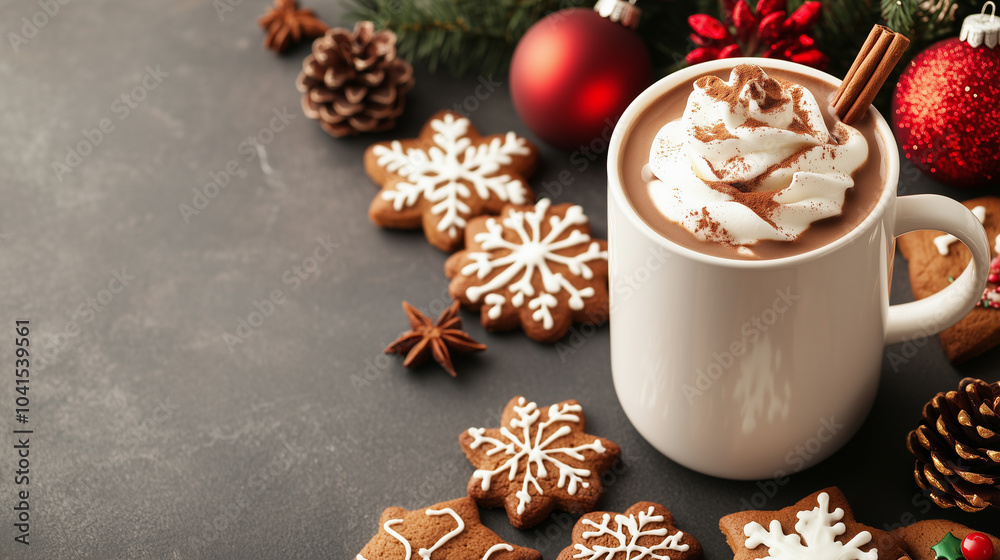 Festive hot chocolate with whipped cream and holiday treats Festive hot chocolate with whipped cream and holiday treats