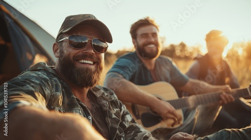 A group of friends enjoys a peaceful camping experience, playing guitar and sharing smiles, surrounded by nature's golden hour beauty in a serene outdoor setting. photo