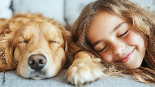 A serene image of a little girl nestled comfortably against her golden retriever, both peacefully asleep, capturing an emotive moment of harmony and trust.