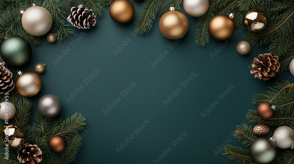 Festive Christmas decorations on a green background Festive Christmas decorations on a green background