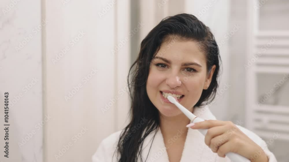 Lady Brushing, Mirror Looking, Happy smiling. Beautiful mature woman brushes teeth after shower, peering into bathroom mirror, clothed in white, silk bathrobe Lady Brushing, Mirror Looking, Happy smiling. Beautiful mature woman brushes teeth after shower, peering into bathroom mirror, clothed in white, silk bathrobe