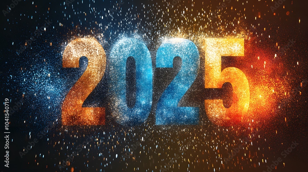 A vibrant vector design of Happy New Year 2025 with fireworks exploding in the background, bright colors and confetti filling the scene, symbolizing celebration A vibrant vector design of Happy New Year 2025 with fireworks exploding in the background, bright colors and confetti filling the scene, symbolizing celebration