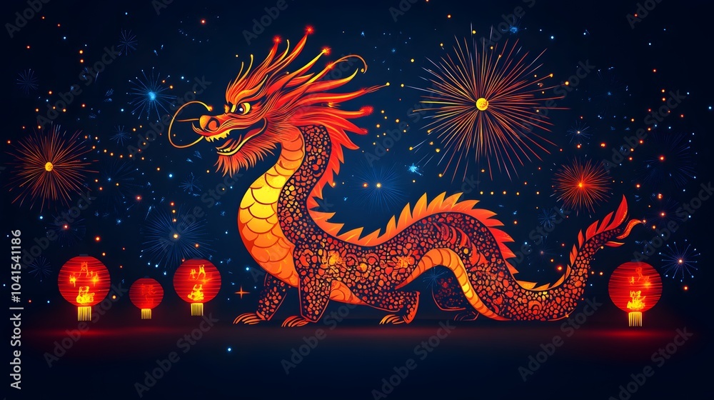 Fototapeta premium Papercut design of a Lunar New Year celebration, featuring red lanterns, dragon parades, and glowing fireworks in the night sky