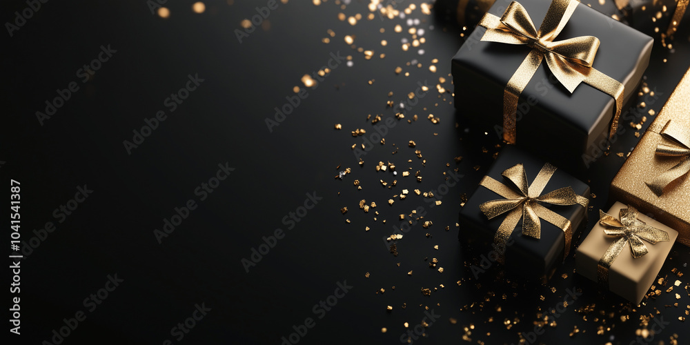 Black Friday banner. Black and golden gift boxes with gold ribbons on a black background. Gold confetti. For advertising, banners and holiday promotions. Black Friday banner. Black and golden gift boxes with gold ribbons on a black background. Gold confetti. For advertising, banners and holiday promotions.