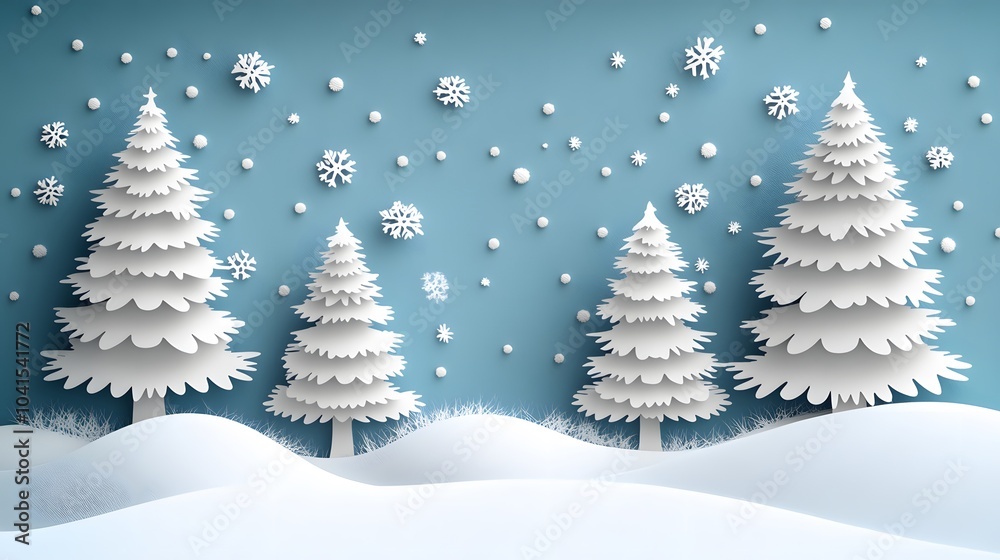 Papercut art of a winter background with layered snow-covered trees, a calm winter sky, and snow gently falling Papercut art of a winter background with layered snow-covered trees, a calm winter sky, and snow gently falling