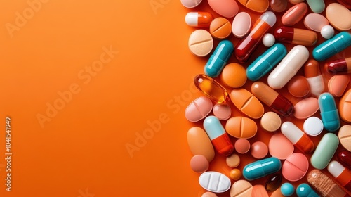 An assortment of pills and capsules, ranging in colors and shapes, is displayed on an orange background, symbolizing modern medical practices and diversity in health. photo