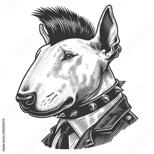 bull terrier dog punk. Mohawk hairstyle, wearing a leather jacket and spiked collar in vintage style sketch engraving generative ai vector illustration. Scratch board imitation. Black and white image.