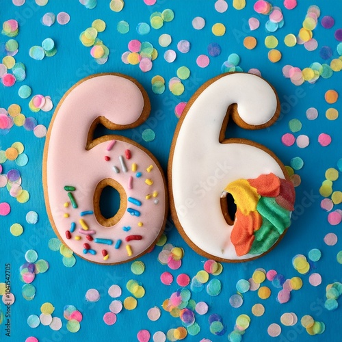 Decorated cookie, number 66, image for birthday or anniversary celebration