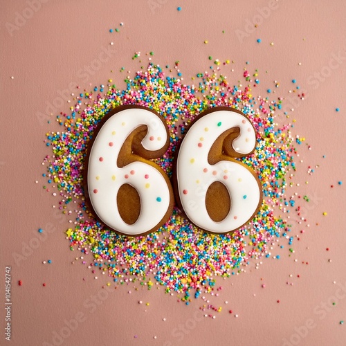 Decorated cookie, number 66, image for birthday or anniversary celebration