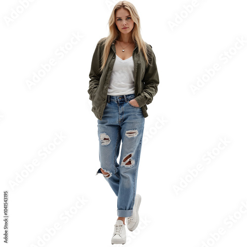 Wallpaper Mural full-length portrait of a young woman wearing a casual outfit, including ripped jeans, a white shirt, a green jacket, and white sneakers. She stands with a relaxed pose and looks at the camera Torontodigital.ca