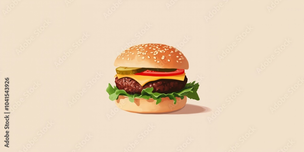 Illustration tasty big burger with beef patty, fresh lettuce, cheese, tomato, pickles, seed bun. cartoonish style, minimalistic background, front view, horizontal, copy space Illustration tasty big burger with beef patty, fresh lettuce, cheese, tomato, pickles, seed bun. cartoonish style, minimalistic background, front view, horizontal, copy space