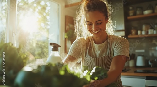 A smiling woman with tied hair enjoys prepping vegetables in a sunny kitchen, wearing a striped apron, invoking happiness and culinary passion amidst natural lighting. photo