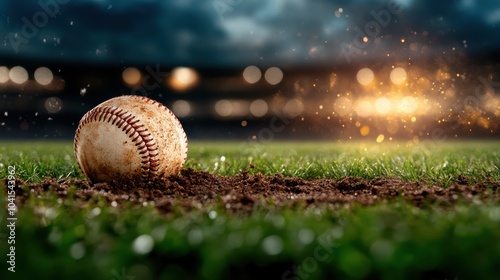 A solitary baseball rests on the dirt of a field, surrounded by glowing stadium lights, capturing the essence of the game and its timeless appeal and atmosphere. photo