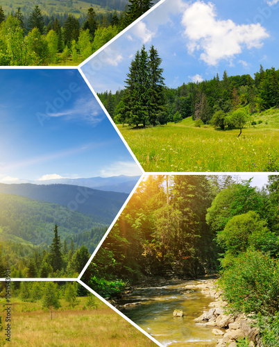 mountain landscape with mountain ranges, coniferous forests and sunrise. Carpathian Mountains, Ukraine. Collage.