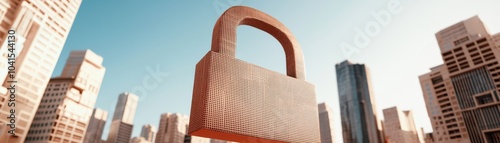 Oversized padlock monument against city skyline, symbolizing security and protection in urban development. photo