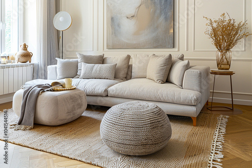 Interior of light living room with grey sofas, window and houseplant photo