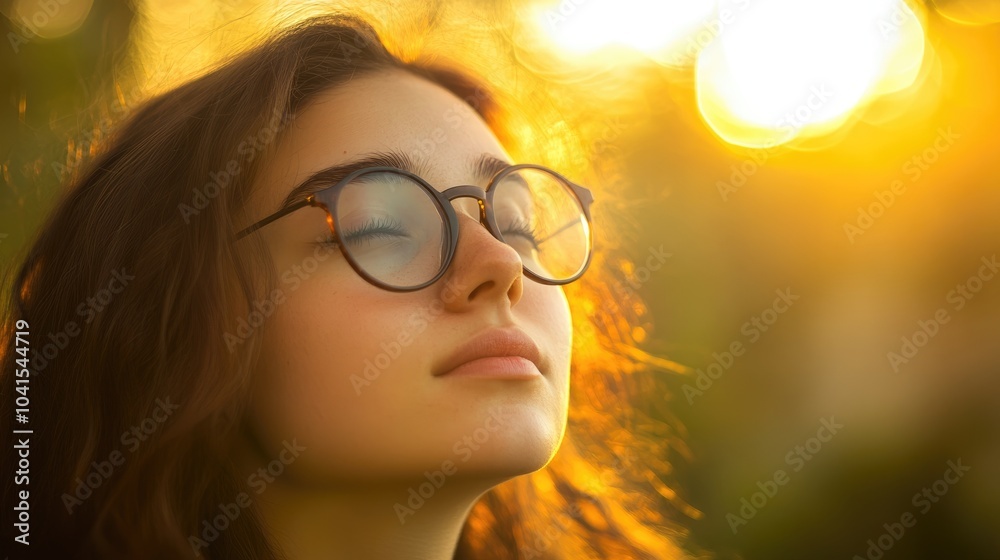 Contemplative young woman wearing glasses reflecting during a warm season Contemplative young woman wearing glasses reflecting during a warm season