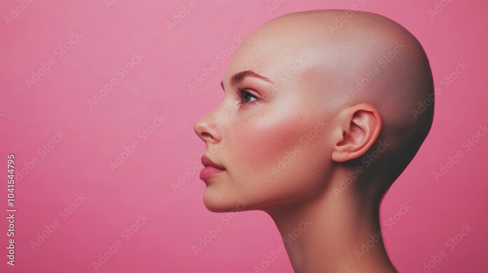 Young bald woman battling cancer portrait against a pink background Young bald woman battling cancer portrait against a pink background