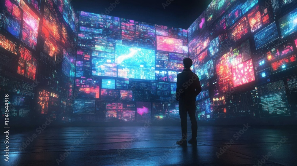 Man facing a series of holographic screens displaying an animated stream of social media feeds, surrounded by visuals of metaverse communities and virtual conversations. Man facing a series of holographic screens displaying an animated stream of social media feeds, surrounded by visuals of metaverse communities and virtual conversations.