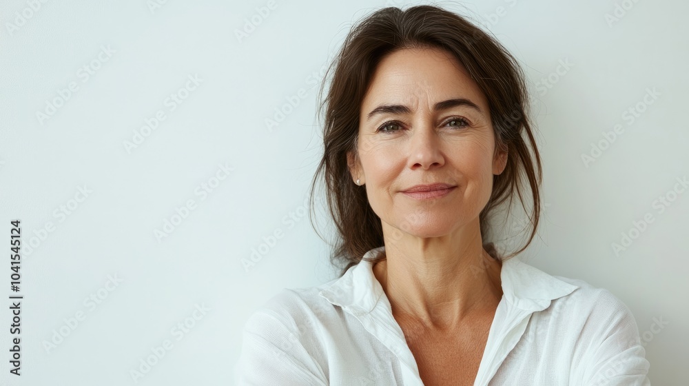 Middle aged woman posing for camera against a white background promoting dry skin care treatment anti aging skincare beauty procedures and cosmetic treatments Middle aged woman posing for camera against a white background promoting dry skin care treatment anti aging skincare beauty procedures and cosmetic treatments