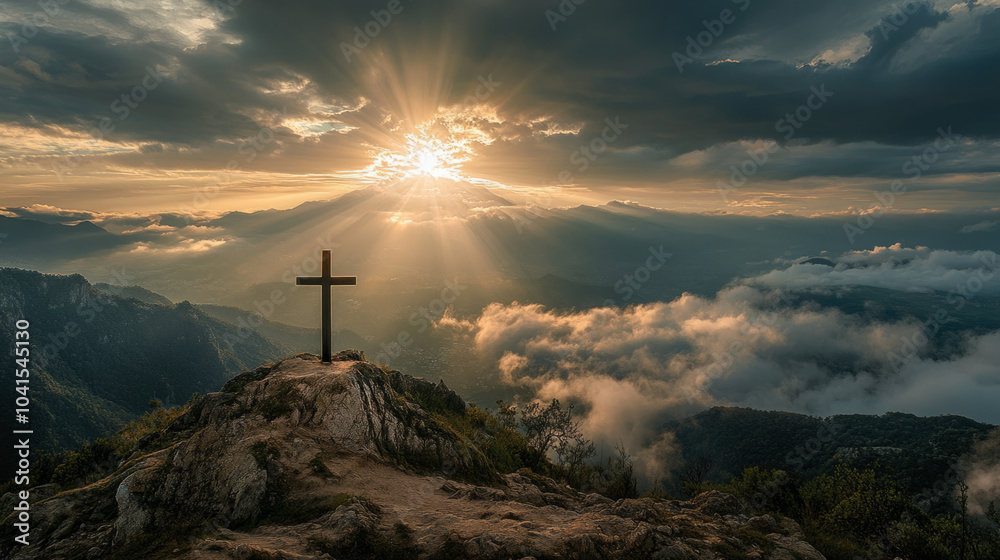 Obraz premium Cross on the top of mountain, stock photo