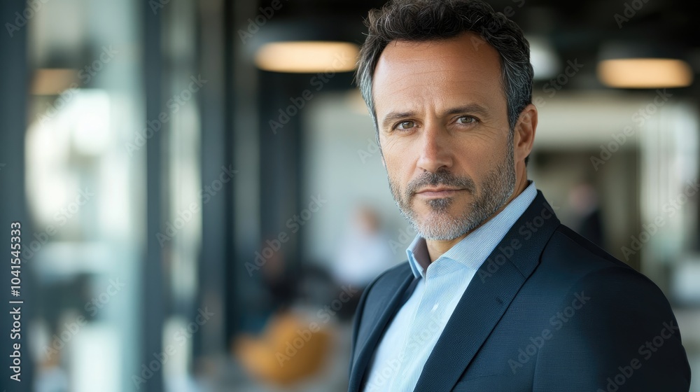 Confident middle aged businessman in an office setting showcasing a mature professional image while looking directly at the camera Confident middle aged businessman in an office setting showcasing a mature professional image while looking directly at the camera