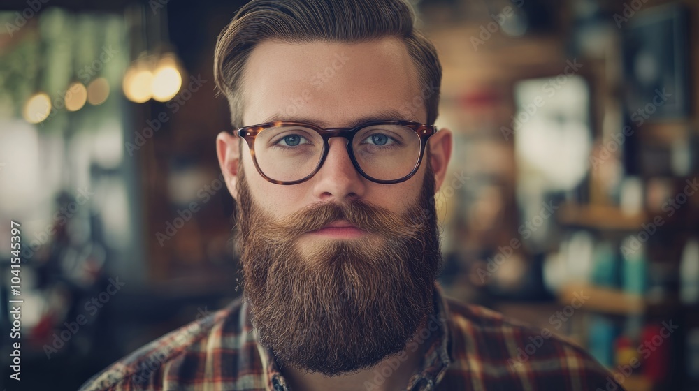 Obraz premium Man with a Full Beard and Glasses in a Cozy Barber Shop Men s Haircuts and Styles