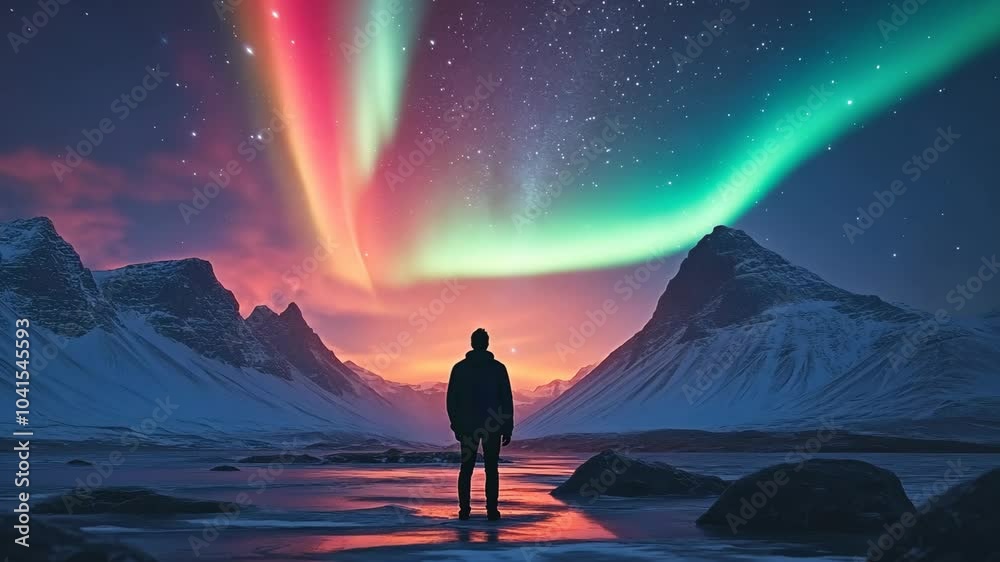 A lone figure stands in awe of the vibrant aurora borealis dancing across the night sky over snow-covered mountains A lone figure stands in awe of the vibrant aurora borealis dancing across the night sky over snow-covered mountains