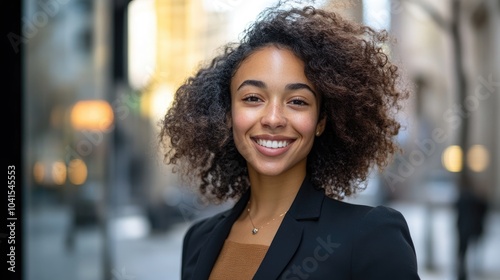 Joyful and confident young woman in professional attire smiles at the camera while standing outdoors in an urban setting