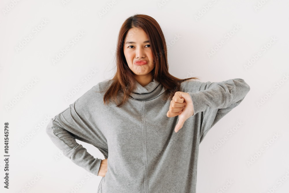 Bored face of asian Thai woman wear grey sweater, pursing mouth and thumbs down, giving bad negative, boring, dislike isolated over white wall.