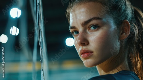 Close up of a female volleyball player exhibiting a focused and determined expression with stadium lights and net enhancing the game s intense atmosphere photo