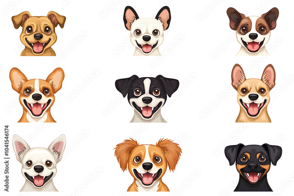Obraz premium Collection of cartoon style dog faces isolated on white background