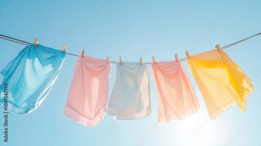 Various pastel-colored clothes swaying on a washing line under a clear blue sky, with the golden rays of the morning sun illuminating the fresh laundry. Various pastel-colored clothes swaying on a washing line under a clear blue sky, with the golden rays of the morning sun illuminating the fresh laundry.