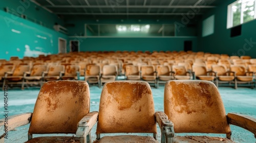 This image features an abandoned theater hall with rows of empty, dusty seats, evoking a nostalgic and eerie atmosphere of what once was a lively entertainment space. photo