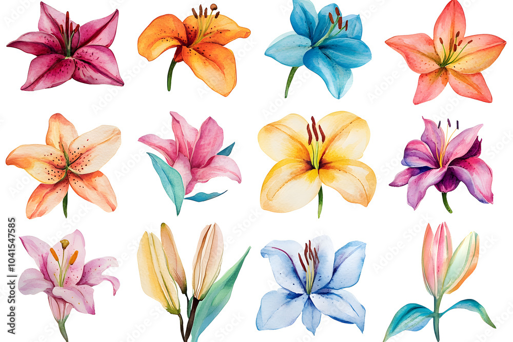 Fototapeta premium Watercolor lily flowers collection isolated on a white background 