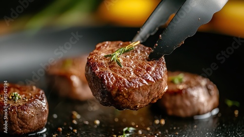 Close-up of a succulent steak medallion gripped by steel tongs, highlighted with rosemary sprig, emphasizing its juicy tenderness and savory appeal. photo