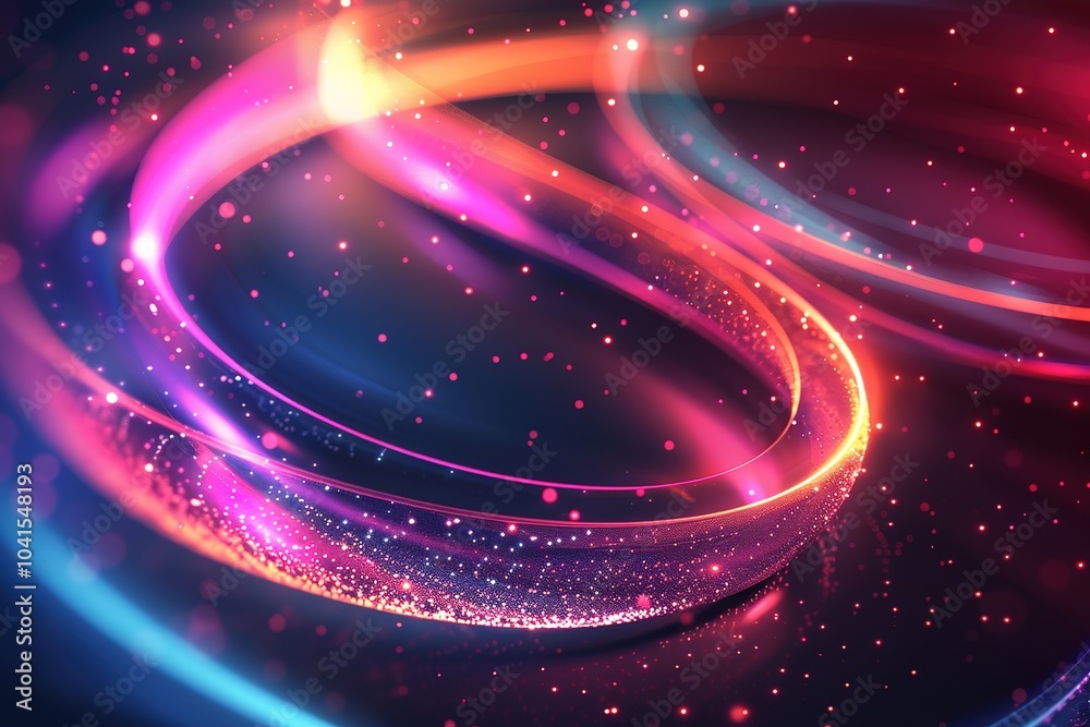 Obraz premium Dynamic neon circles intersecting with vibrant light lines on a dark backdrop, creating a mesmerizing abstract composition.