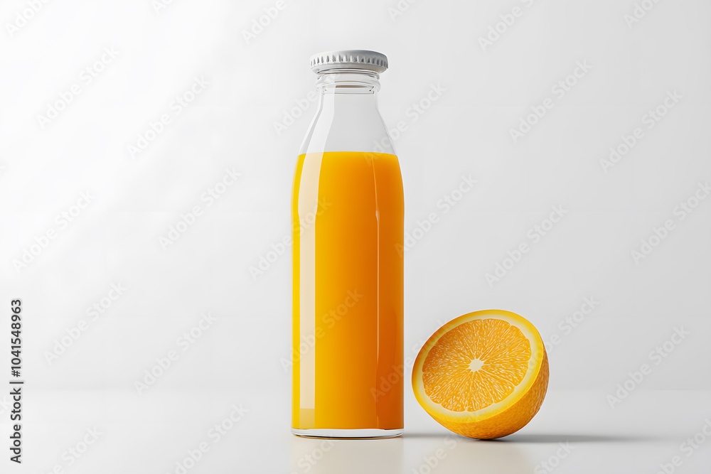 Glass bottle of fresh healthy orange juice mock up isolated on white background Glass bottle of fresh healthy orange juice mock up isolated on white background