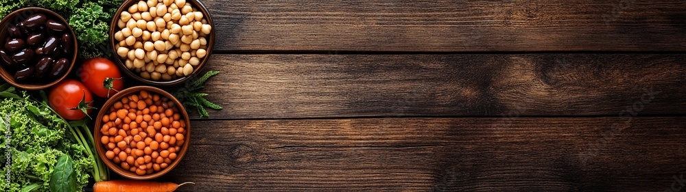Cover with vegetables on a wooden background with space for text. Concept for the International Day of Veganism, created using generative AI technology. Cover with vegetables on a wooden background with space for text. Concept for the International Day of Veganism, created using generative AI technology.