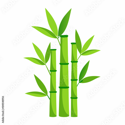 Fresh Green Bamboo Stalks with Leaves on White Background. bamboo green sticks with leaves isolated